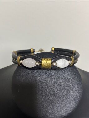 Handcrafted Black Leather Bracelet with White Stone Gem Accents